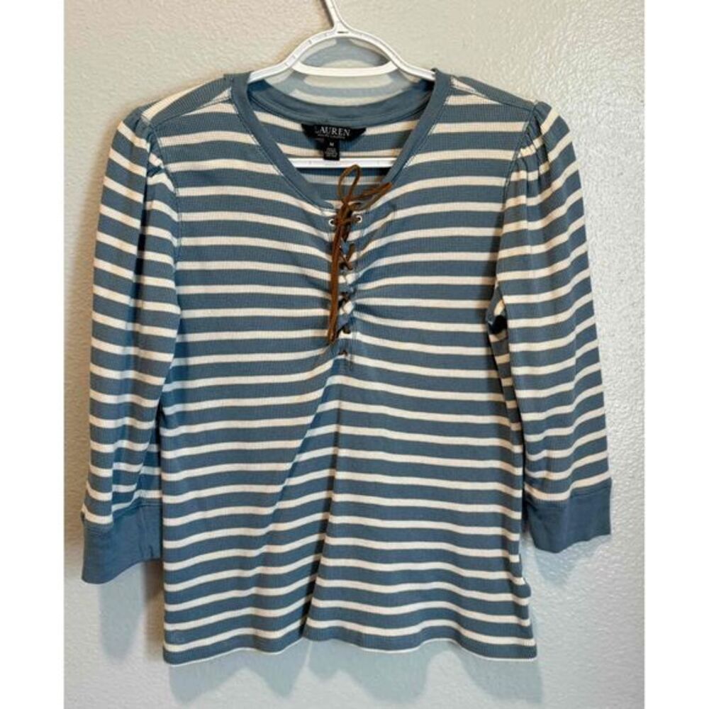 Lauren Ralph Lauren Blue White Striped Lace-Up Waffle Knit Blouse Top Size M